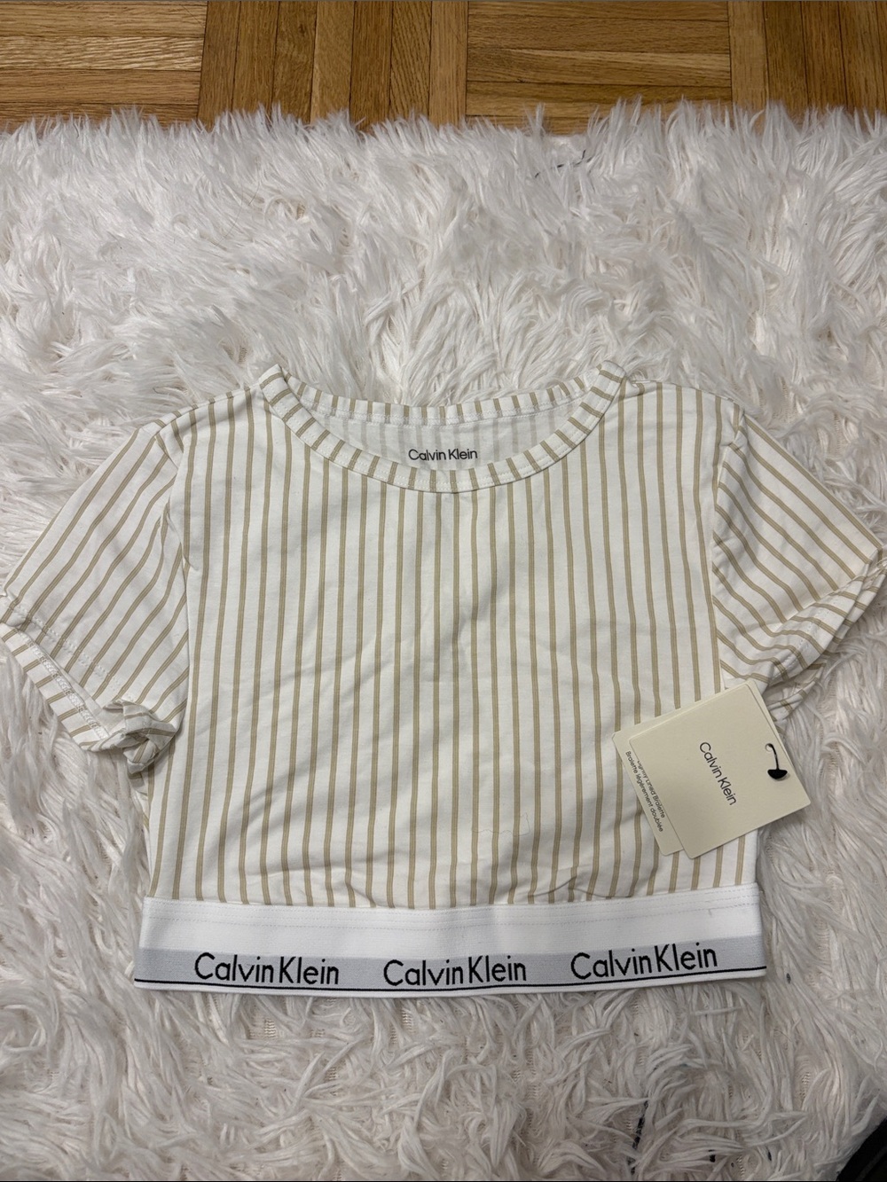 Calvin Klein White and Beige Striped Crop Tee with Logo Band